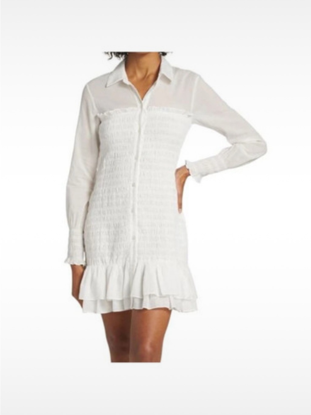 Veronica Beard White Smocked Ruffle Hem Midi Shirt Dress